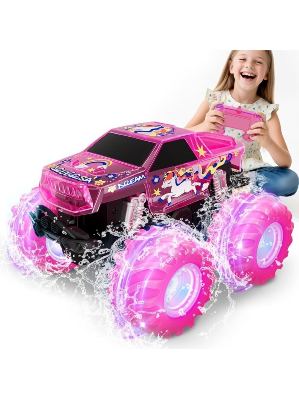 Pink Waterproof Unicorn Remote Control Car | 4WD All-Terrain Amphibious Truck